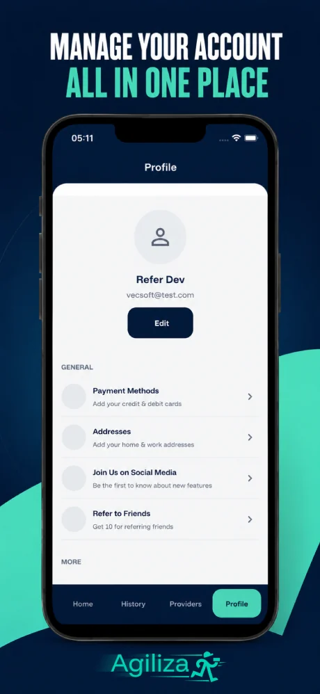 Agiliza profile screen with account settings, payments, addresses and referrals