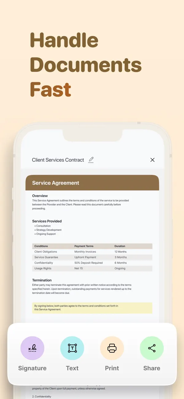 PDF Scanner document editor showing signature, text, print and share actions on a service agreement