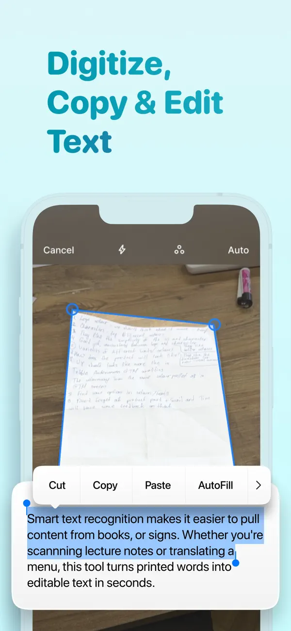 PDF Scanner OCR screen extracting editable text from a handwritten page