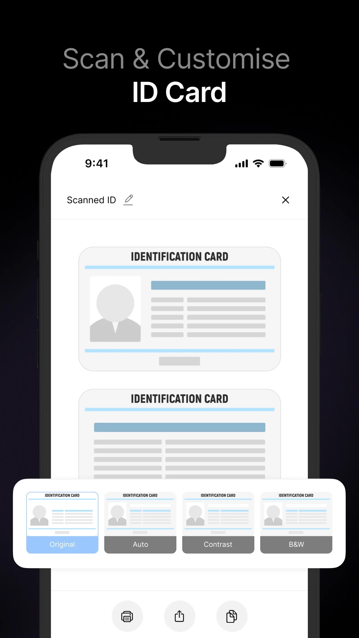 PDF Scanner ID card editor showing scan filters, printing, sharing and document tools