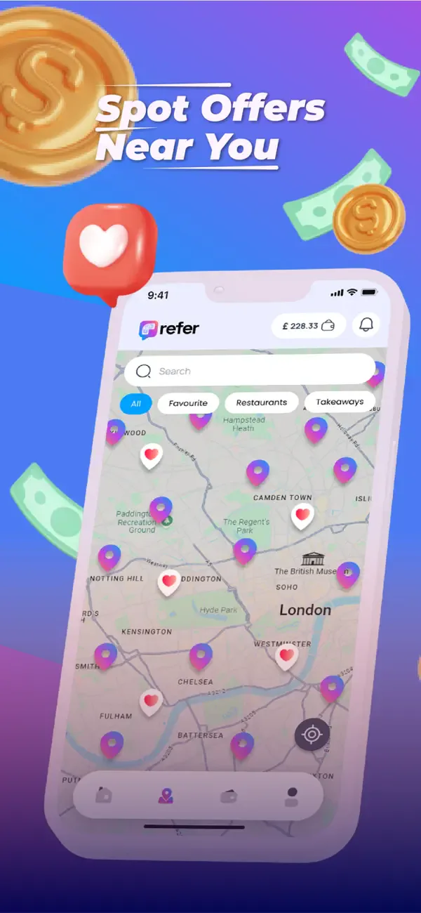 Refer Friend map showing participating businesses across London