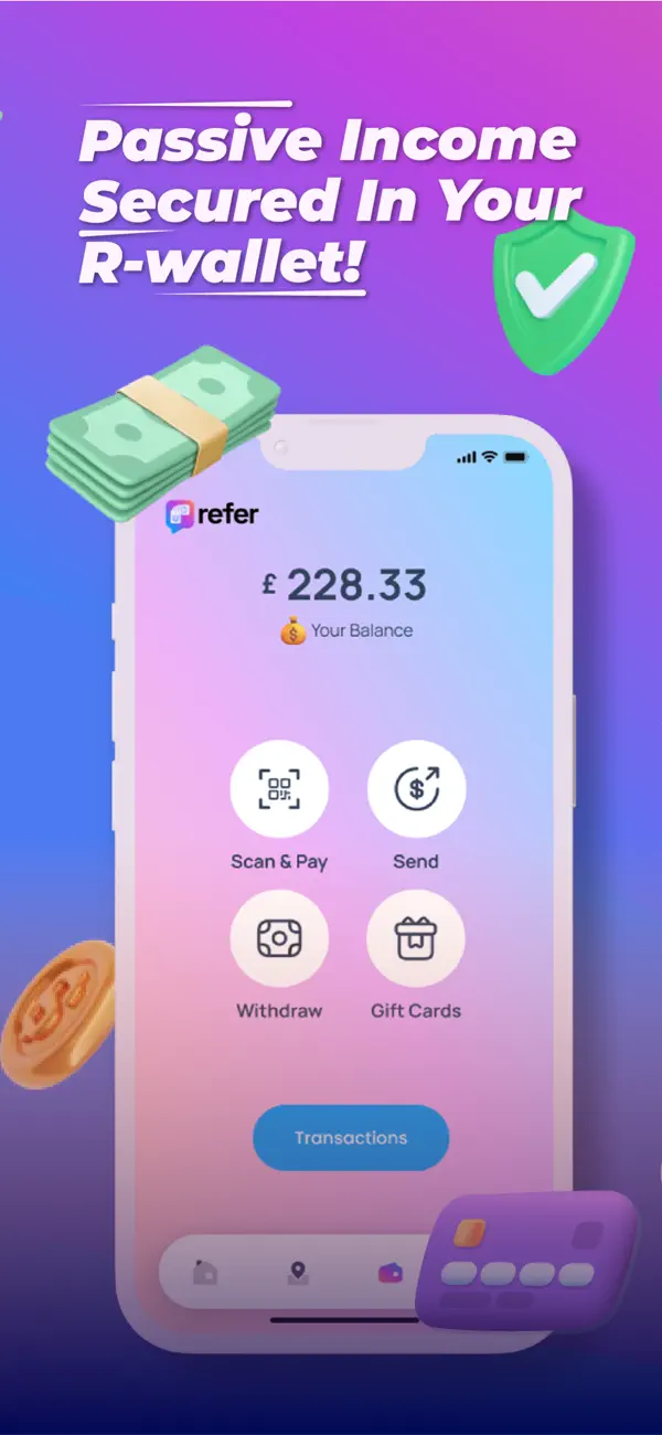 Refer Friend R-wallet screen showing a balance with payment, transfer, withdrawal and gift card actions