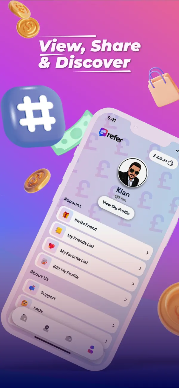 Refer Friend profile screen showing account, friends, favourites and support tools