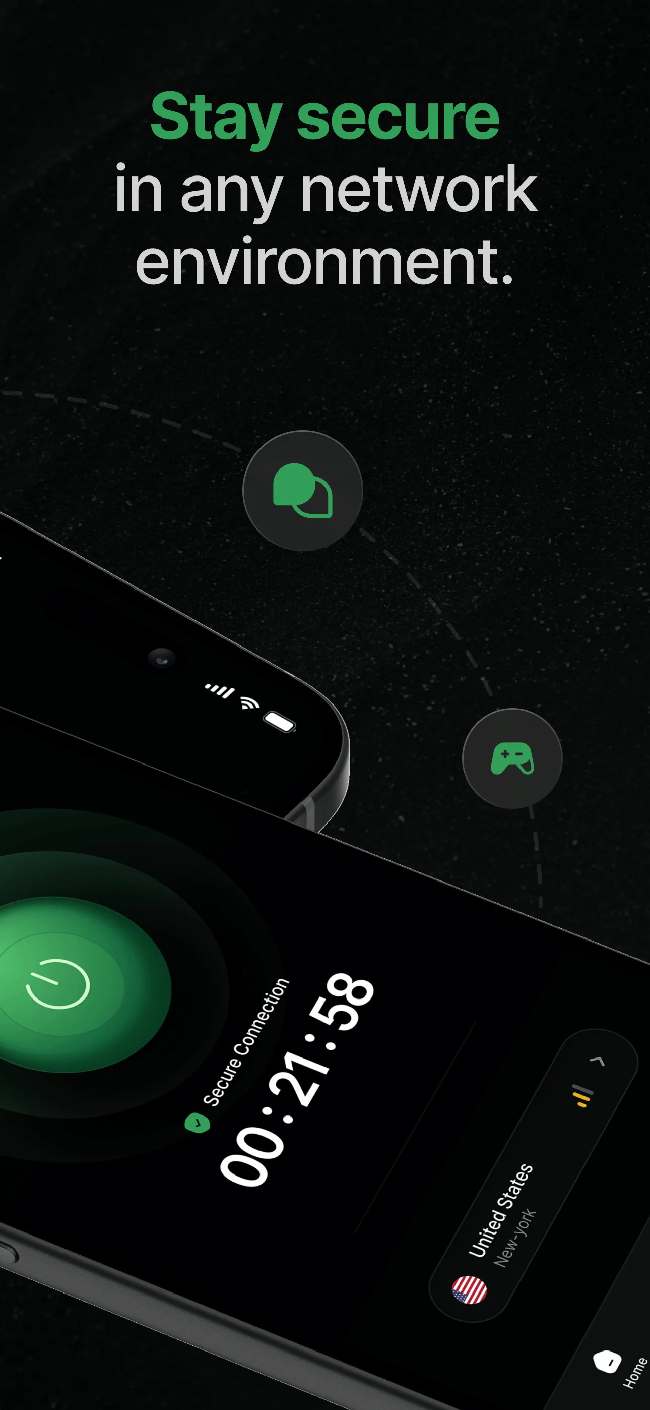 Star VPN promotional screen showing a secure connection across different network environments