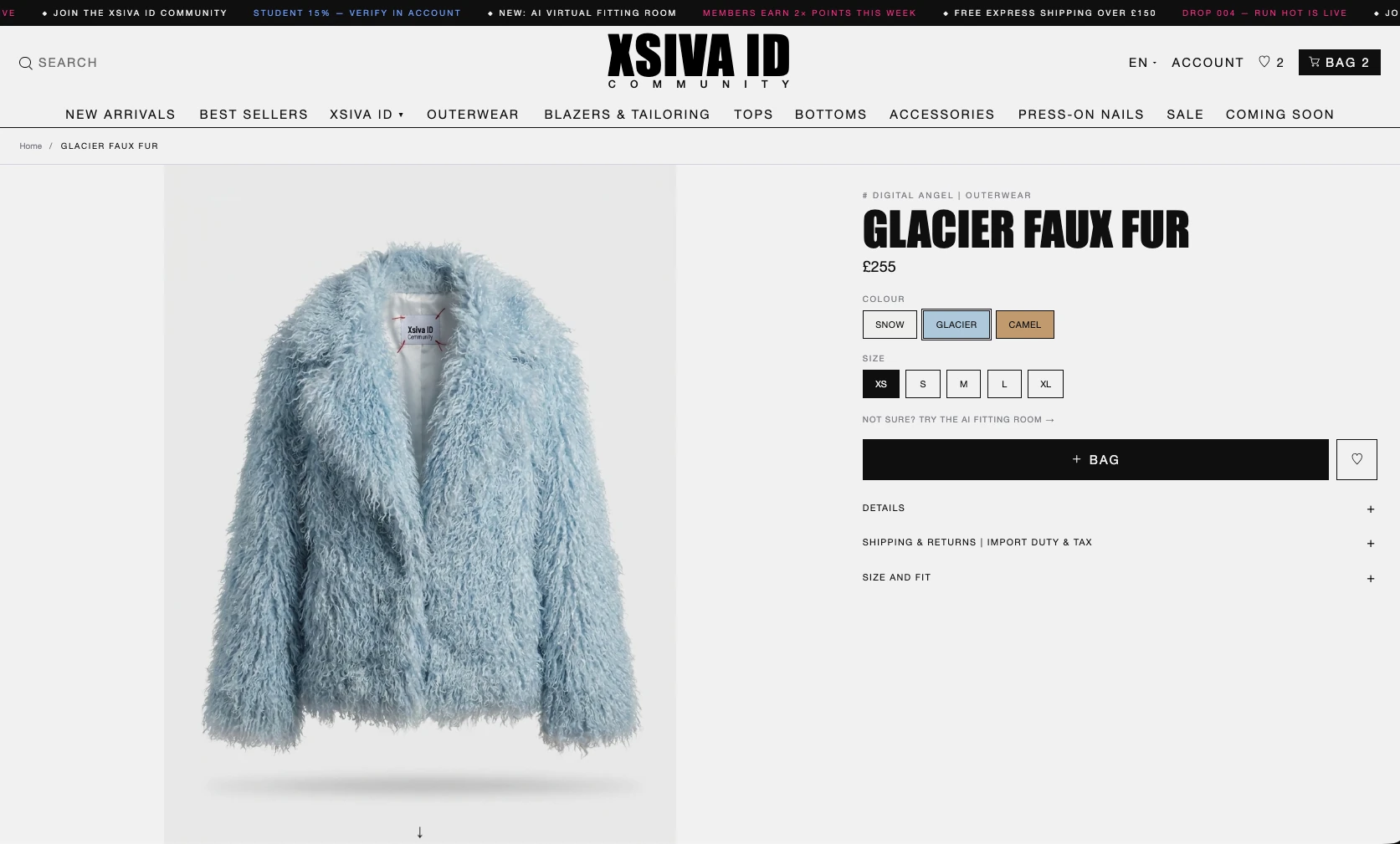 XSIVA ID Community product page for the Glacier Faux Fur coat with colour, size and fitting-room controls