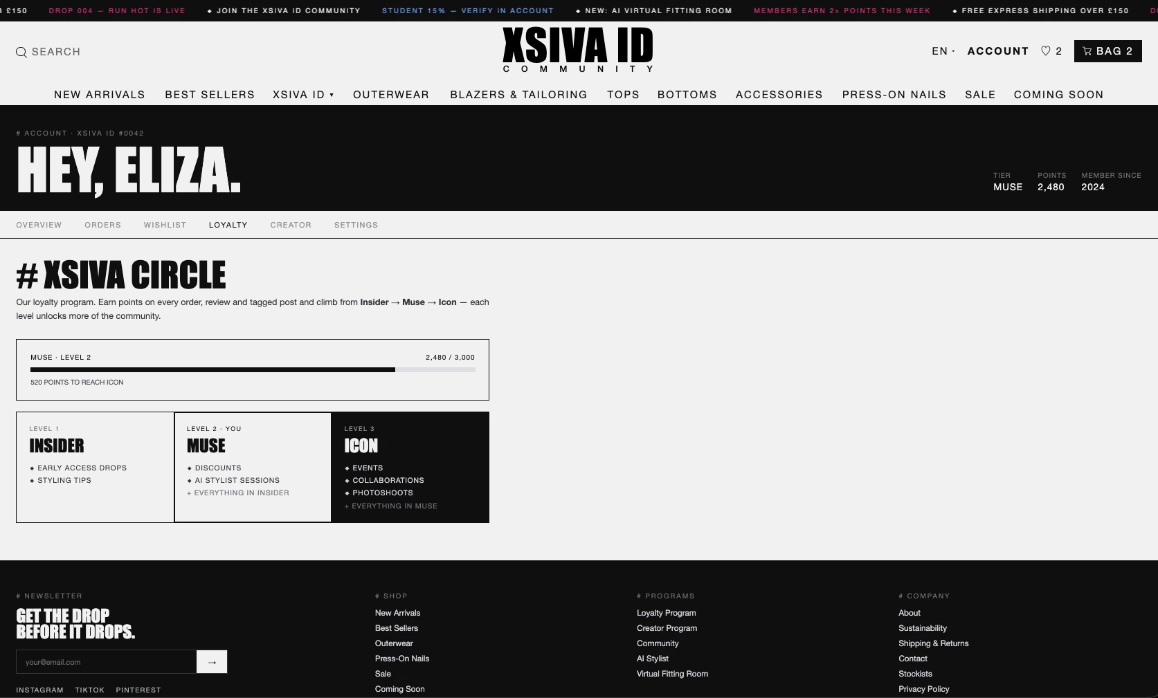 XSIVA ID Community member account showing loyalty status, points and membership tiers